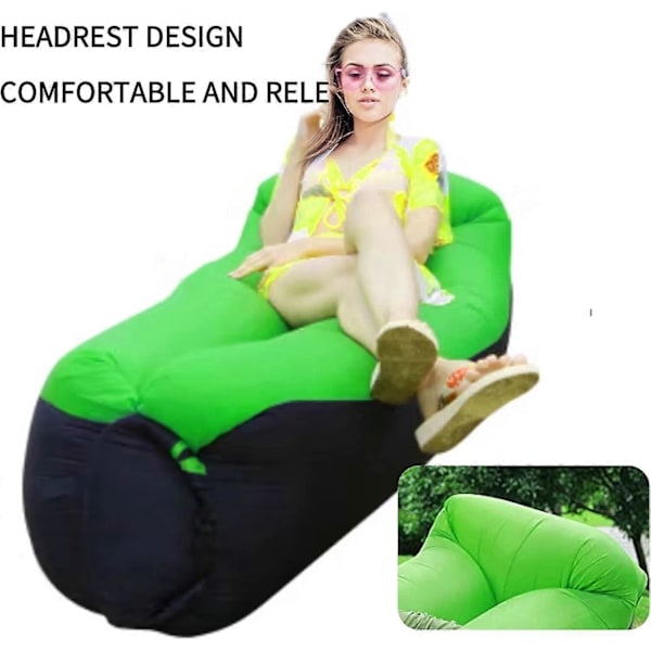 Bærbar Oppustelig Stol, Oppustelig Loungesofa med Bæretaske, Komfortabel Strandstol til Voksne og Børn, Camping i Baghaven (Grøn)