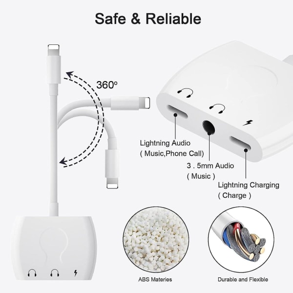 4-i-1 Dual Plug Lightning til 3,5 mm Earphone Adapter til iPhone 14/13/12/11/X/8/7