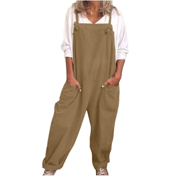 Casual Løs Bomuld Linned Kvinders Overalls Jumpsuit M Khaki
