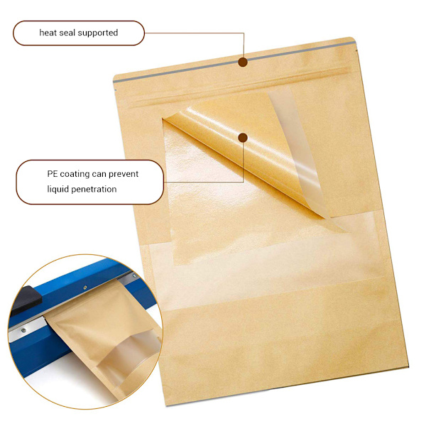 50 stk. Stand Up Pouch Bags Kraft Pouches med Tear Notch og Matte Vindue Genlukkelige Zip Lock Fødevareopbevaringsposer