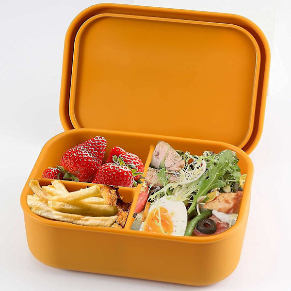 Lekkasjesikker 3-roms silikon bento lunsjboks for voksne (gul)