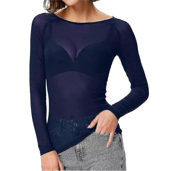 Gennemsigtig langærmet sømløs armformende top mesh bluse til kvinder Blå Blue S
