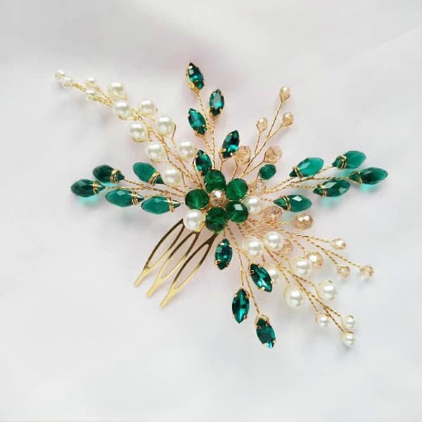Bryllupshårkam med rhinestones, hårstylingverktøy med smaragd for prinsessefesttilbehør