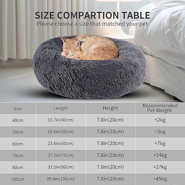Beroligende Kattekurv Seng Kæledyrskurv til Katte og Små Hunde Katte Seng Pude Donut Hundeseng Passer 40cm (Pakke med 1) Mørkegrå