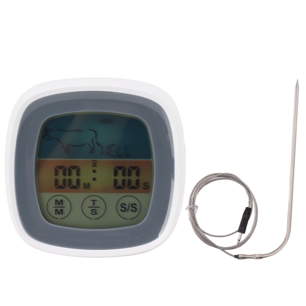 Matberøringstermometer Kjøkken Digital Display Timer Termometer Felt Grill Termometer Grå med Hvit Midtre Ramme