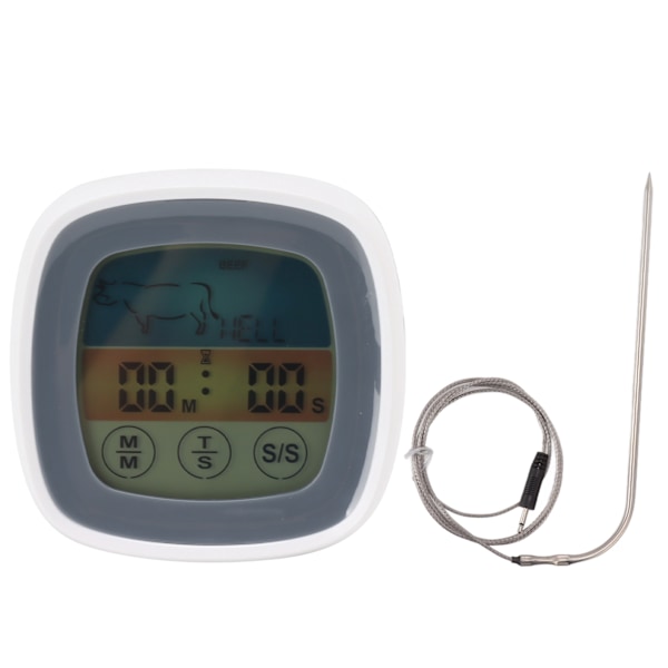 Matlagnings termometer med pekskärm, digital kökstimer, fältgrilltermometer, grå med vit mittram