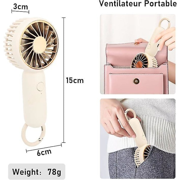 Mini-tuuletin kantolaukulla, USB-kannettava taskutuuletin, ladattava pieni kannettava tuuletin, 3-nopeuksinen säädettävä hiljainen mini-tuuletin retkeilyyn, toimistoon, urheiluun
