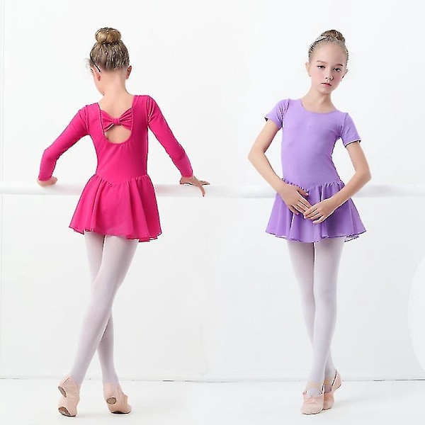 Balletkjole for barn med korte ermer og chiffonskjørt - Elegant danseklær for jenter med sløyfehøyde 155-160 cm Hot Pink ShortSleeve