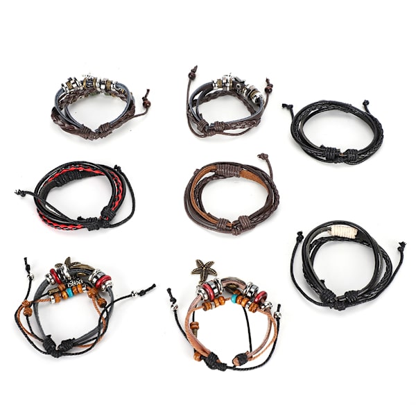 8 st läderarmband handvävda herr, flerlagers flätade retro punksmycken