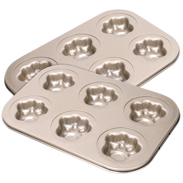 2 kpl hiiliteräksestä valmistettua kakkuvuokaa, tarttumaton, DIY, söpö muoto, kultaiset jälkiruokien valmistusmuotti (6 ruudukkoa, kissan tassu TG05)