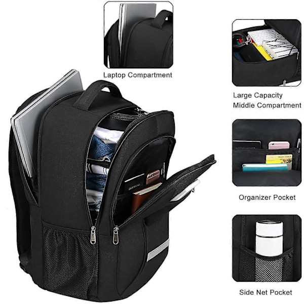 Reseryggsäck för Laptop med USB-laddning/Hörlursport, Slitstark Vattenavvisande Skolväska för Kvinnor Passar 15,6 Tums Notebook, Svart