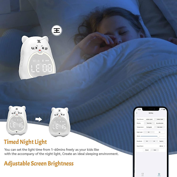 Smart Barn Alarmklokke med Appkontroll - Digital Vekkerklok for Barnerom - Søt Sengbordsklokke med 3D Tiger - Wi-Fi Nattelys Alarmklokke