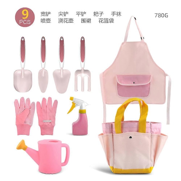 Trädgårdsredskapsset för barn, nio delar - Spade, kratta, handskar, sprinkler, blomkruka, förkläde, blomkorg väska rosa ZD NJ 9pcsPink set