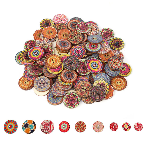 100 stk blandet mønster vintage treknapper med 2 hull for DIY syhåndverk Dekorativ 25mm