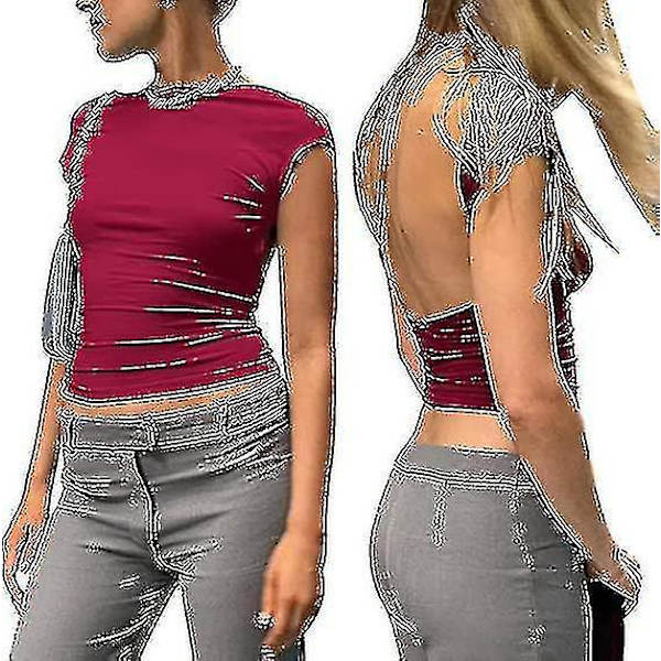 Ryggløs kort ermet Crewneck Passform for kvinner S Vinfargen