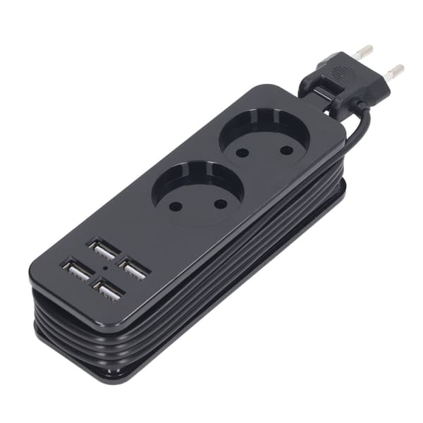 1200W 10A strømskinne 2 runde stik 4 USB-porte strømstik til telefon bærbar computer EU-stik 250V sort