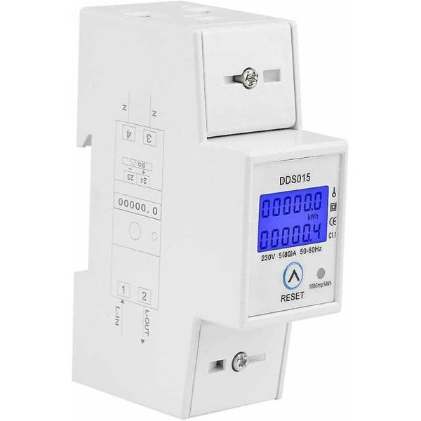 Enfase energimåler 5-80A 230V LCD-bakgrunnsbelysning Din-skinnemontert KWh-måler