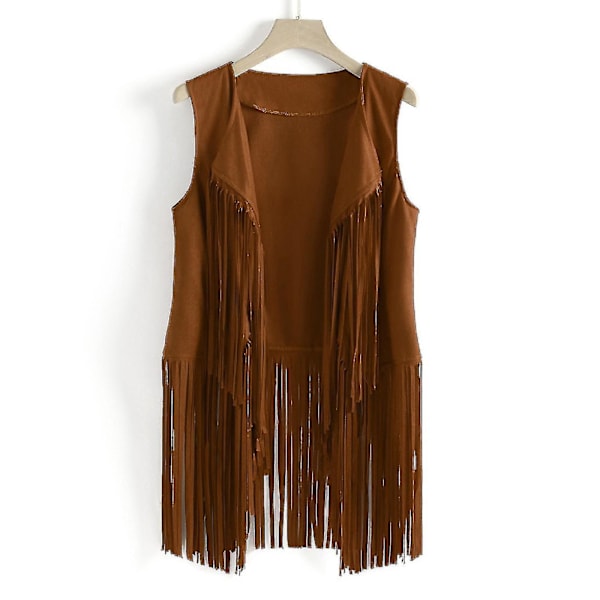 Sleeveless Suede Tassels Fringed Vest Cardigan for Women, Khaki, Size L