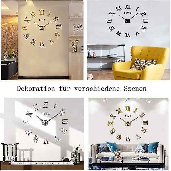 Stor 3D DIY Veggklokke Romertall Klokke For Hjemmeinnredning Stue Soverom