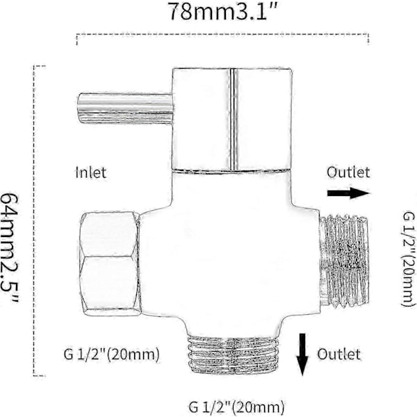 G1/2\" Dusjhode Omleder Ventil, Solid Messing Dusjarm Omleder Ventil for Håndholdt Dusjhode og Fast Sprayhode, G1/2 20mm Diameter 3-Veis Bad