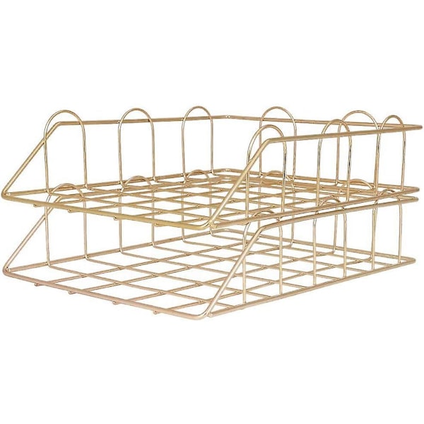 Sæt med 2 stabelbare skrivebordsbakker i metal, postbakke til arkivering af dokumenter (guld)