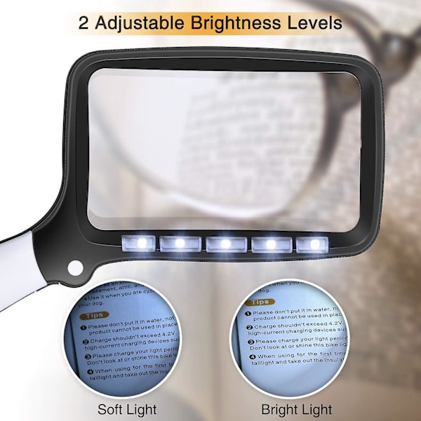 Kaome Rektangulær Leseforstørrelsesglass med 5 LED-lys, 2 Intensitetsmoduser og 2x Forstørrelse for Eldre eller Svakt Syn, Leseinspeksjon Hobby Cr