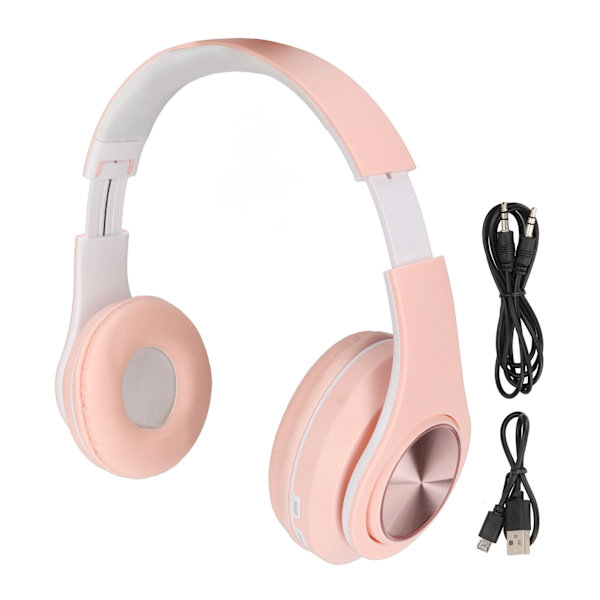 Bluetooth-headset med brusreducering, vikbart, över örat, trådlöst, med färgglada lampor för telefon, bärbar dator, rosa