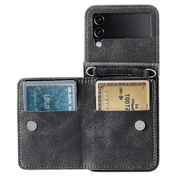 Til Samsung Galaxy Z Flip4 5g Etui Kortholder Pu Læder Støtteben Telefon Cover Med Håndrem-B6 Sort