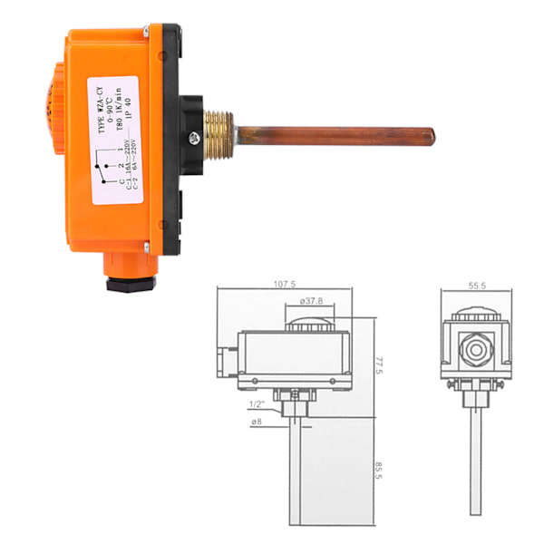 G1/2 hangänga Varmvattenrör Termostat Temperaturregulator 90 ° C Högtemperaturstart