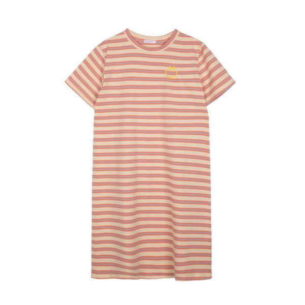 T-shirt kjole casual medium længde moderigtig graviditetskjole kort ærme løs pasform enkel stribet print orange pink M