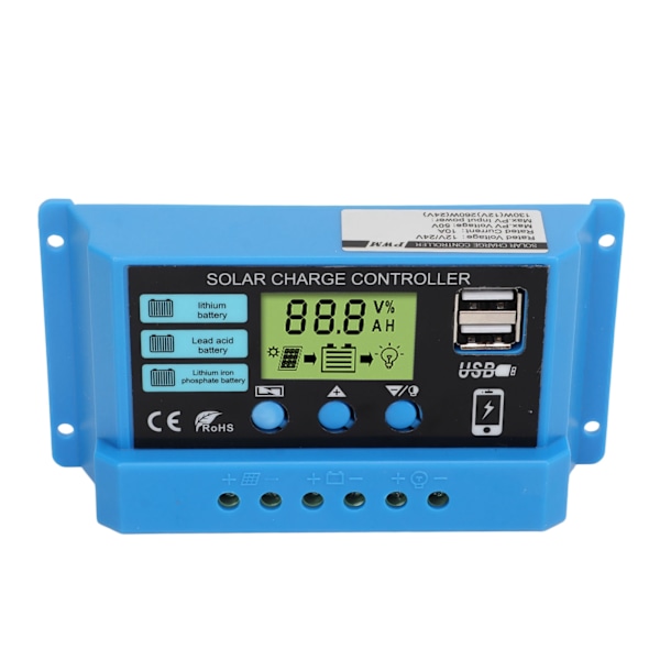 Solcelleladningsregulator 12V 24V Batteri Solpanel Ladningsregulator til Hjem RV 20A