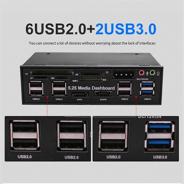 5,25 tommer medie-dashboard med USB 2.0/3.0 til stationære computere
