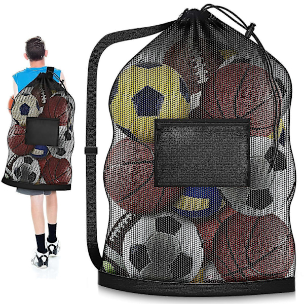 Extra Stor Fotbollsväska, 102 x 76 cm dragsko Meshbollväska med Ficka, förvaringsväska för Basketboll, Gymutrustning, Simutrustning -JRZD