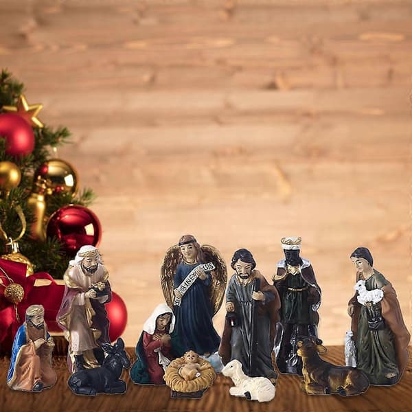 Julekrybbe Figur Sæt Krybbe Hellig Familie Scene Julepynt 11 stk