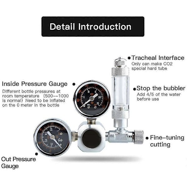 Co2 Regulator for Akvarier Dobbel Akvarium Co2 Trykkmåler Justerbart Trykk Co2 System Med Bobleteller og Tilbakeslagsventil(w21.8)