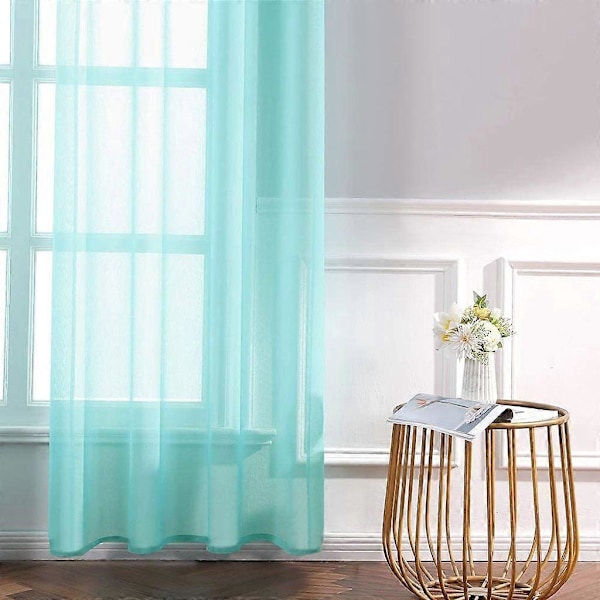 Sett med 2 lette voilegardiner med maljer, transparent utseende, gardiner laget av voile polyester, maljegardin, transparent, 132x213 cm (BxH), turkis