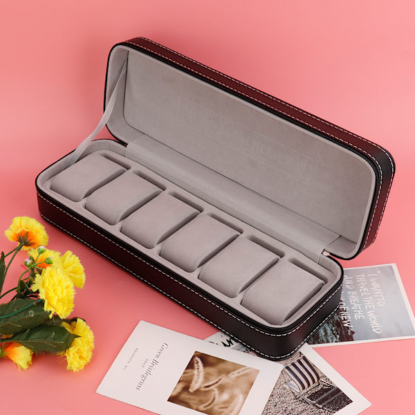 6 Slot PU-nahkainen watch case Organizer Näyttölaatikko erilliset osastot