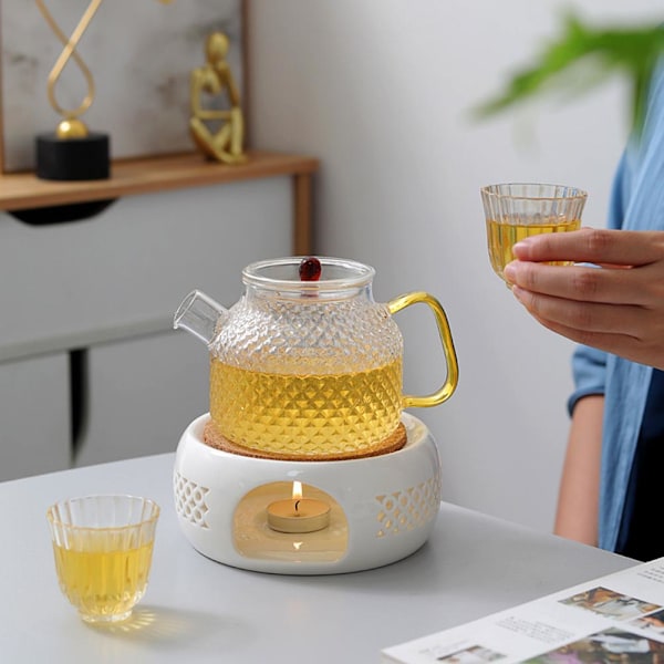 Tevattenvärmare i porslin, värmare för kaffekanna, tekannabas med korkstativ, värmare för te, kaffe och vatten