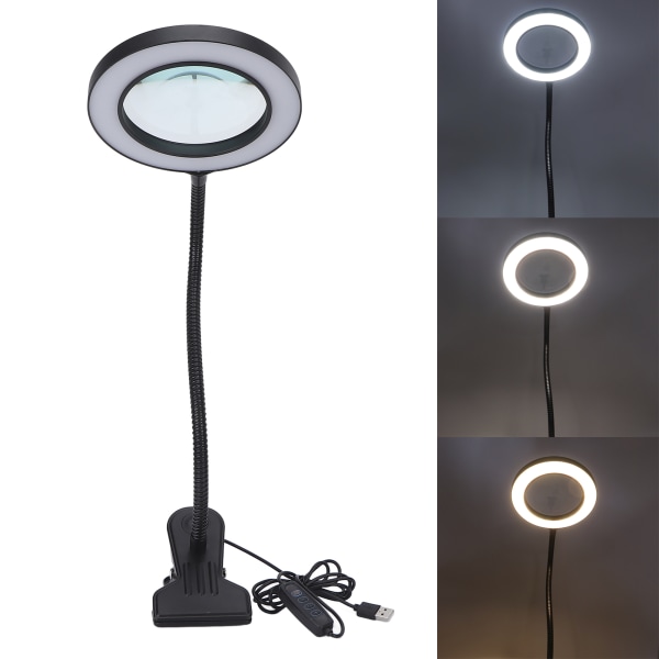 Lampa för förstoringsglas 360° rotation flexibel 3-färgs ljusförstoringsglas med metallklämma för läsreparation