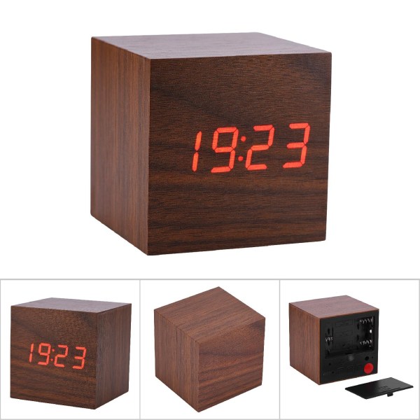 6x6x6cm Trä Elektronisk Digital Väckarklocka Skrivbordsklocka Temperatur LED Display Röststyrning Brun