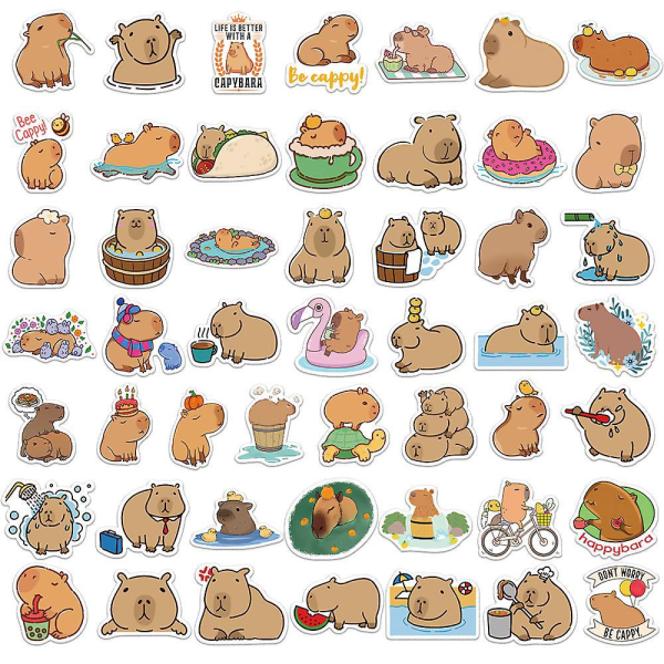 Cartoon Capybara vedenpitävät tarrat (50 kpl) - Täydellinen tee-se-itse-koristeluun tietokoneisiin, vesikuppeihin, matkatavaroihin, kyniin, kitaroihin, muistikirjoihin