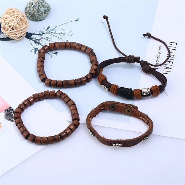 DIY vävd 4-delad set justerbart äkta läderarmband kombination läderarmband