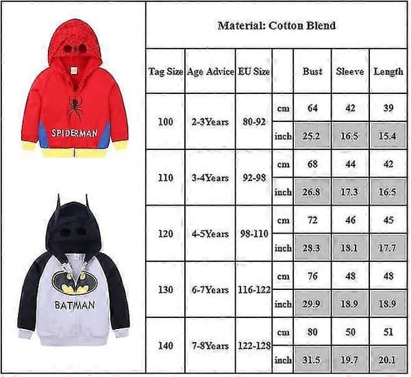 Gutter Barn Superhelt Spiderman Amerikansk Kaptein Batman Hettegenser Kåpe Jakke Hettegenser Topper 2-8 År Bat Man Bat Man 2-3 Years