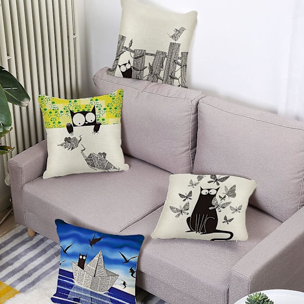 Sæt med 4 pudebetræk 45x45cm Polyester Linned Pudebetræk Søde Katte Dekorativt Pudebetræk til Soveværelse Stue Kontor Have Sofa (Sort Kat