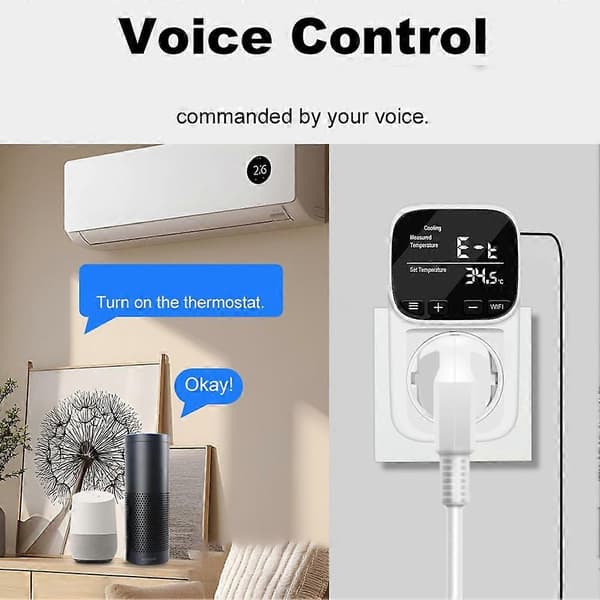 Smart WiFi Digital Termostatstik Tuya App Fjerntermostat med Timer Sensor Probe Varme Køling Afbryder EU-stik Vit
