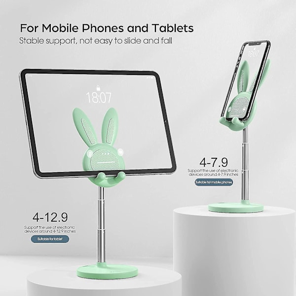 Sød Kanin Telefonholder, Vinkel- og Højdejusterbar Mobiltelefonholder til Skrivebord, Tykt Cover-Venlig Telefonholder, Kompatibel med iPhone, Kindle, iPad