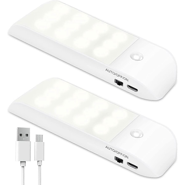 Automatisk Lys, Bærbar Bevegelsessensor Lys, 3 Modus Nattlys 12 LED USB Oppladbar med Magnetisk Klistremerke Varmt Lys for Garderobe/Gang/Trapp