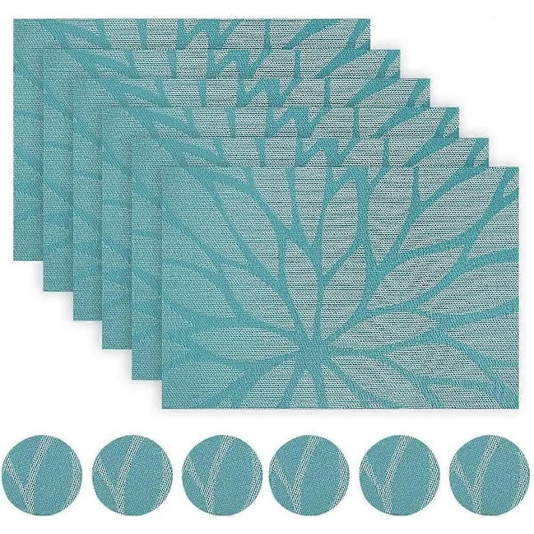 Pöytätabletit Teal, 6 kpl - Kudottu vinyylinen ruokapöydän tabletti, lämmönkestävä, liukumaton, pestävä, helposti pyyhittävä, kotiin ja keittiöön (6 tablettia)(B