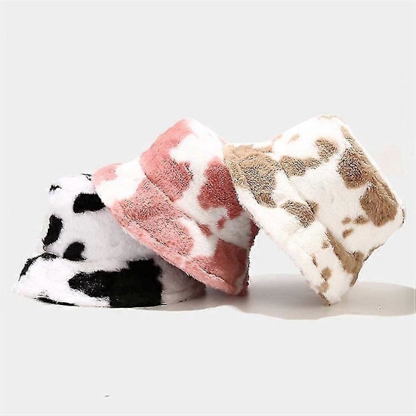 Vinter Fuskpäls Bucket Hat Fluffig Varm Hatt För Kvinnor Män Ko-mönster Rosa