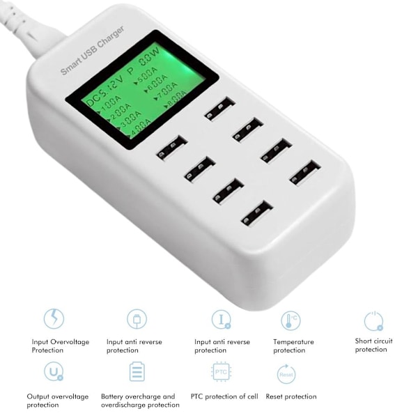 USB-oplader 8-port skrivebordsopladningsstation med LCD-digitaldisplay USB-hurtigoplader